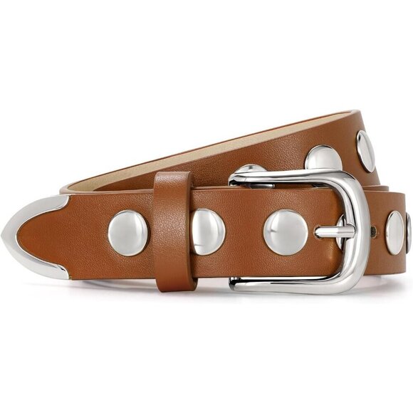 Women\'s Brown Fashion Leather Belt Punk Studded Belt for Jeans Pants Dresses